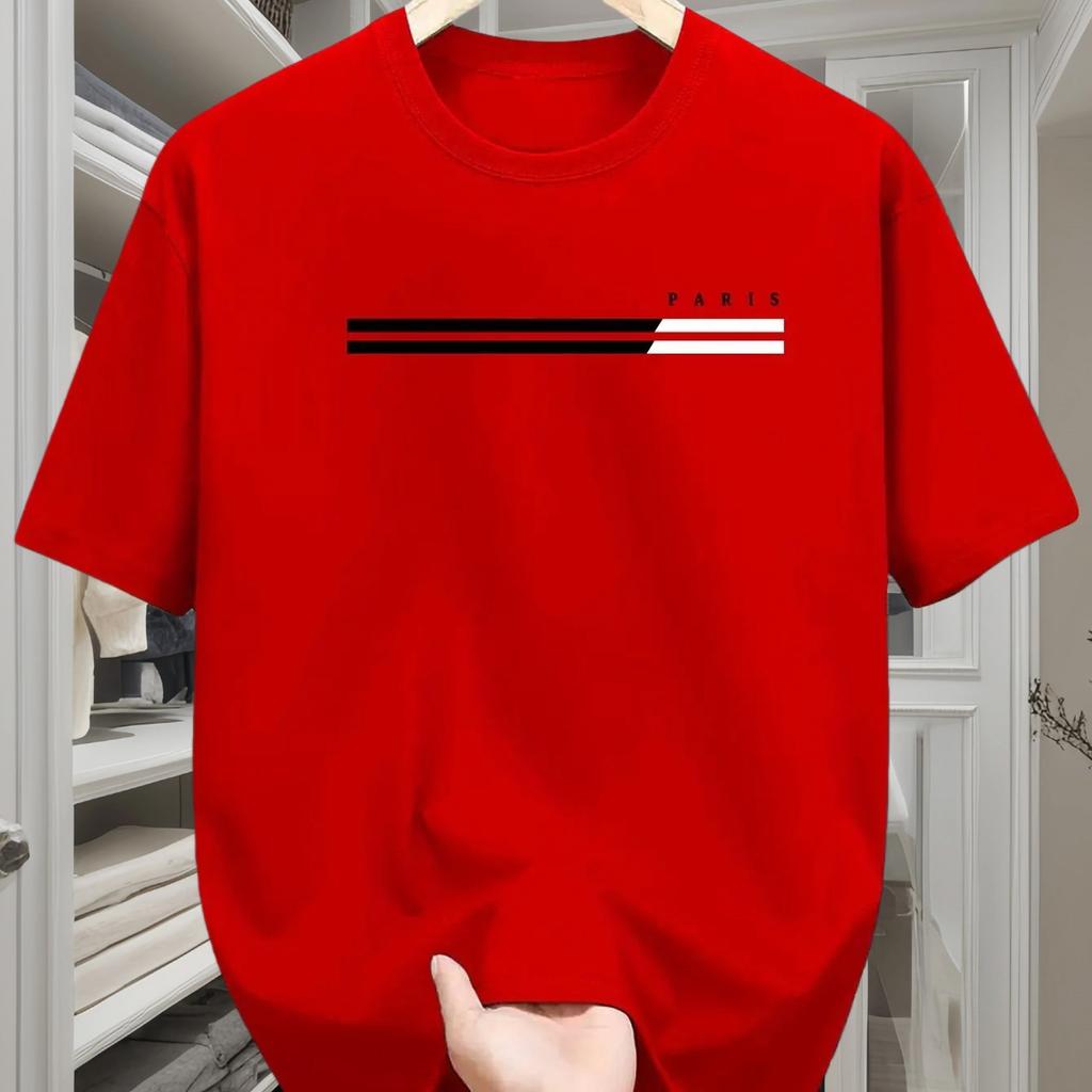 Mens Cotton Spring and Summer Casual Loose Fashion Parisian Letter Printed Comfortable Round Neck Short Sleeved Tshirt Top
