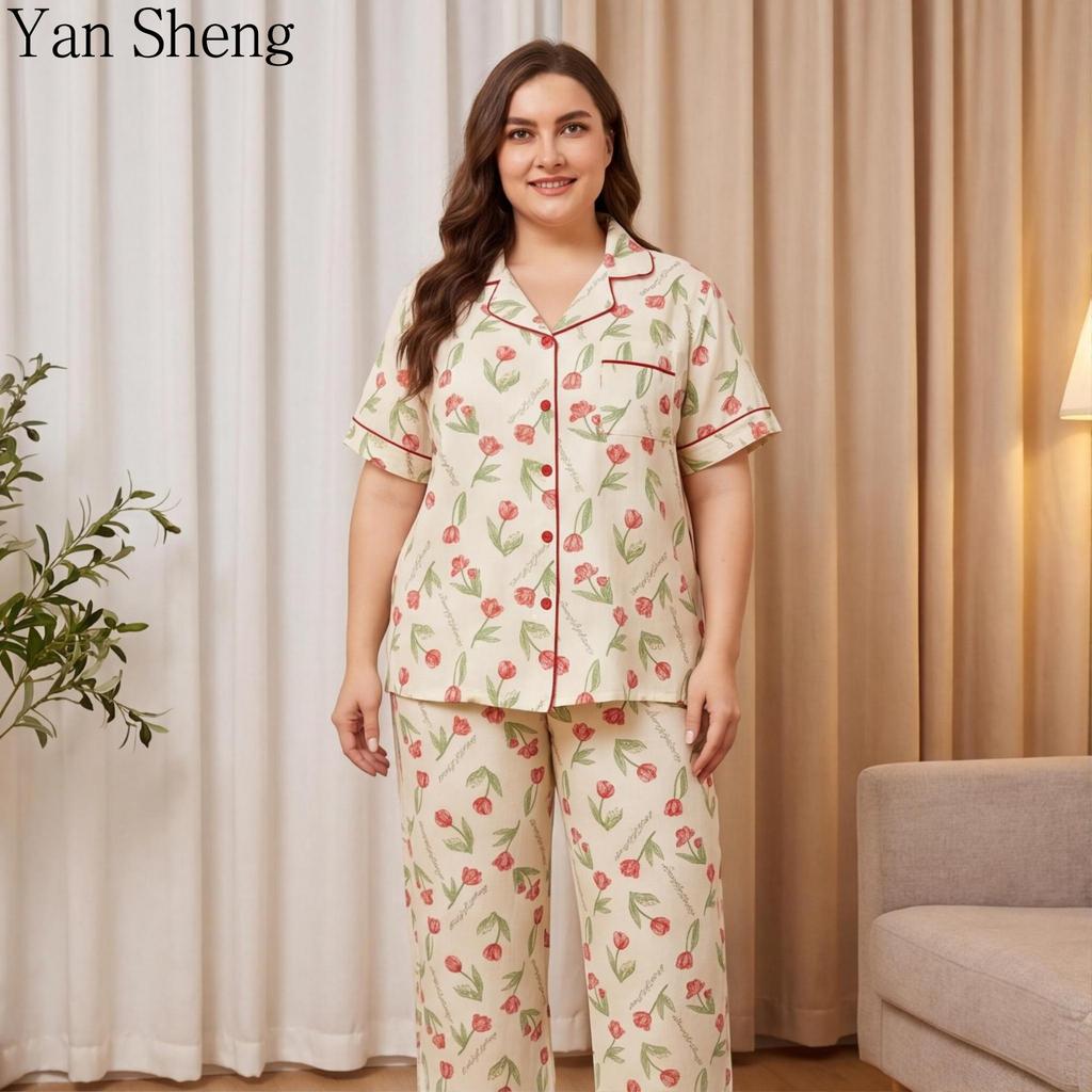 Kadın Pijama Takımı Büyük Beden Yazlık İnce Kısa Kollu Kabarcıklı Kırışık Baskılı Sevimli Nefes Alabilen Ev Giyimi Uyku İçin