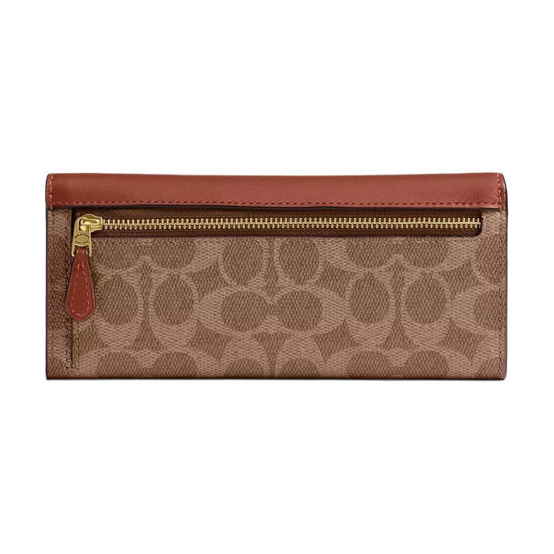 COACH Mila ong flap folding coated canvas and calfskin wallet regular women's brass and caramel color Brass with caramel color