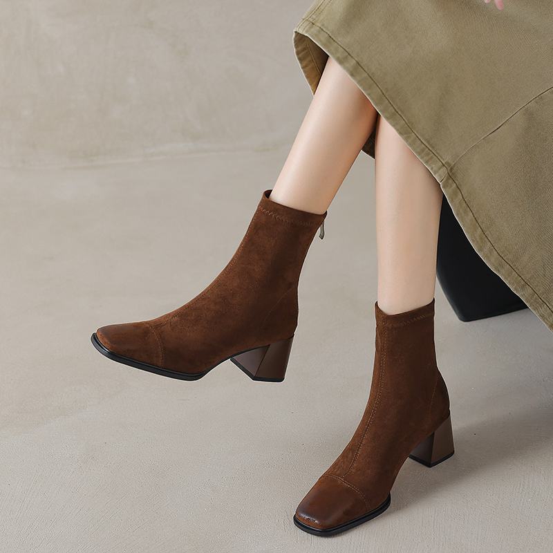 Krazing Pot Microfiber Flock Square Toe Winter Thick High Heels Fashion Boots Women Size 42 Elegant Patch Work Ankle Boots