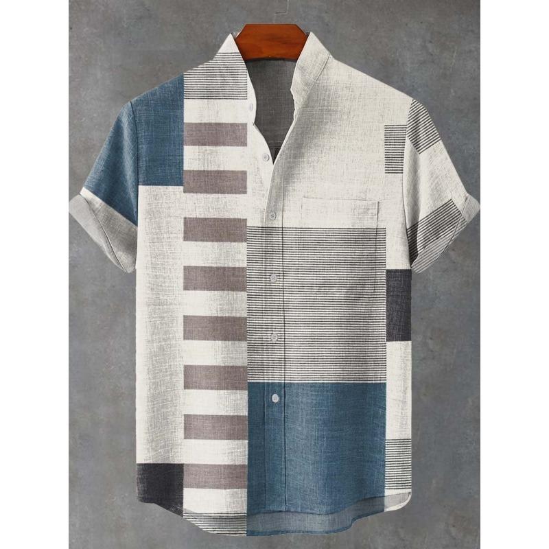 Immagine di stampa digitale 3D di camicia a maniche corte in lino, progettata per atmosfera di festa maschile, stile casual, camicia da uomo retrò