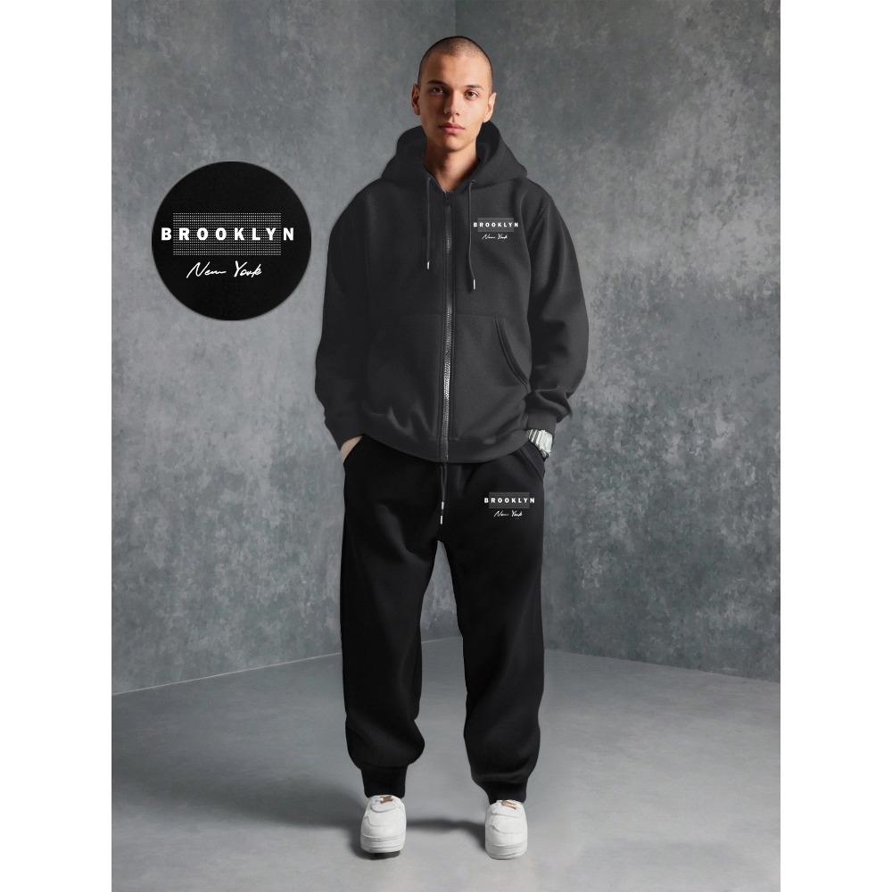 

Men S Dark Style Print Zip Sleeve Hoodie And Casual Jogger Pants Set, a Trendy Street Style, a Must-Have for Fashion Enthusiasts S серый