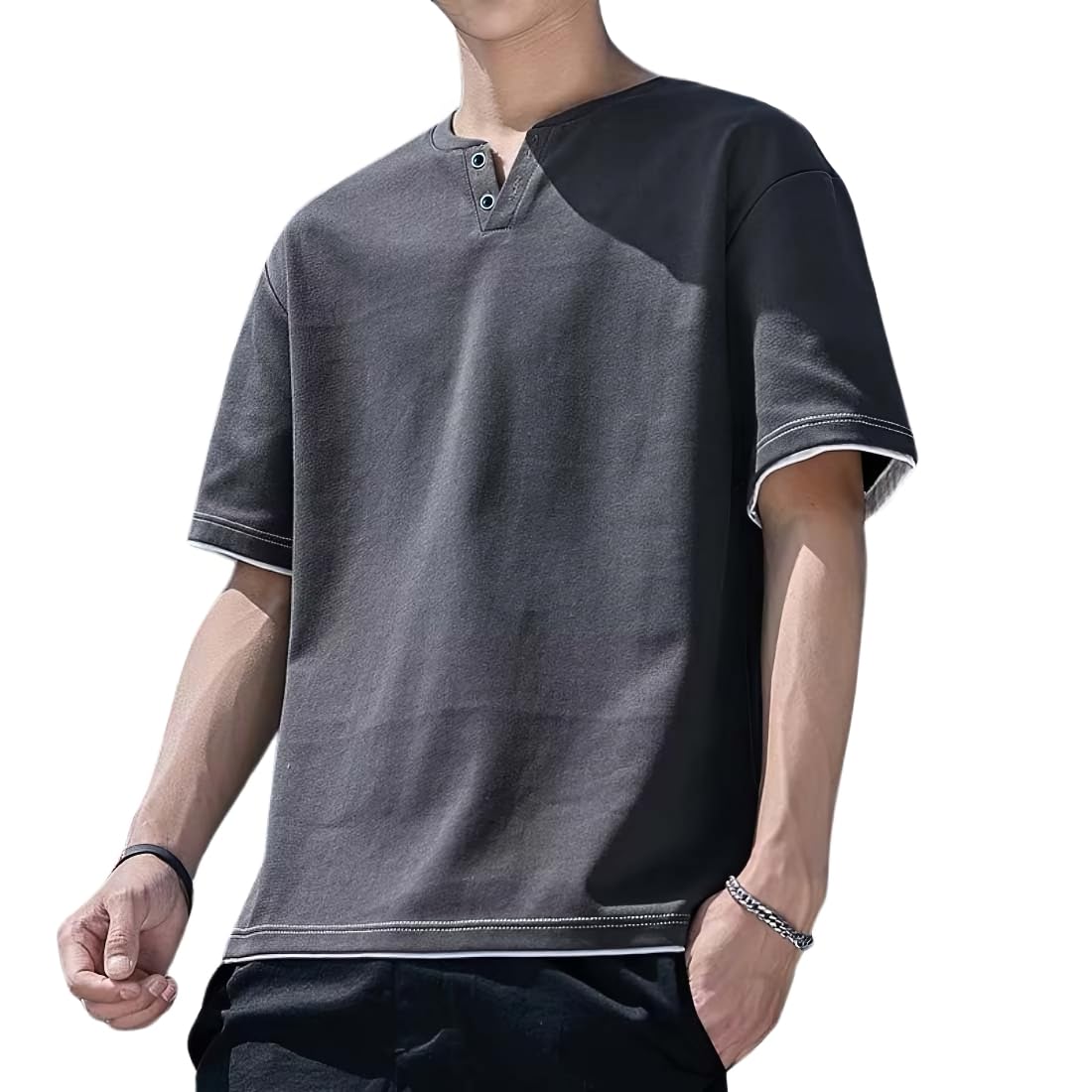 

Yezai Short Sleeve Layered Summer Loose Solid Cool Summer Plus Sizes Men s T-Shirt, Breathable, Quick-Drying, V-Neck, Casual, Fit, Color, Stylish,