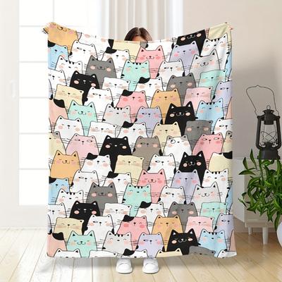 Comfortable Cat and Sheep Patterned Fleece Blanket - Soft Double-sided All Season Unisex Shawl - Perfect Valentine's Day Gift