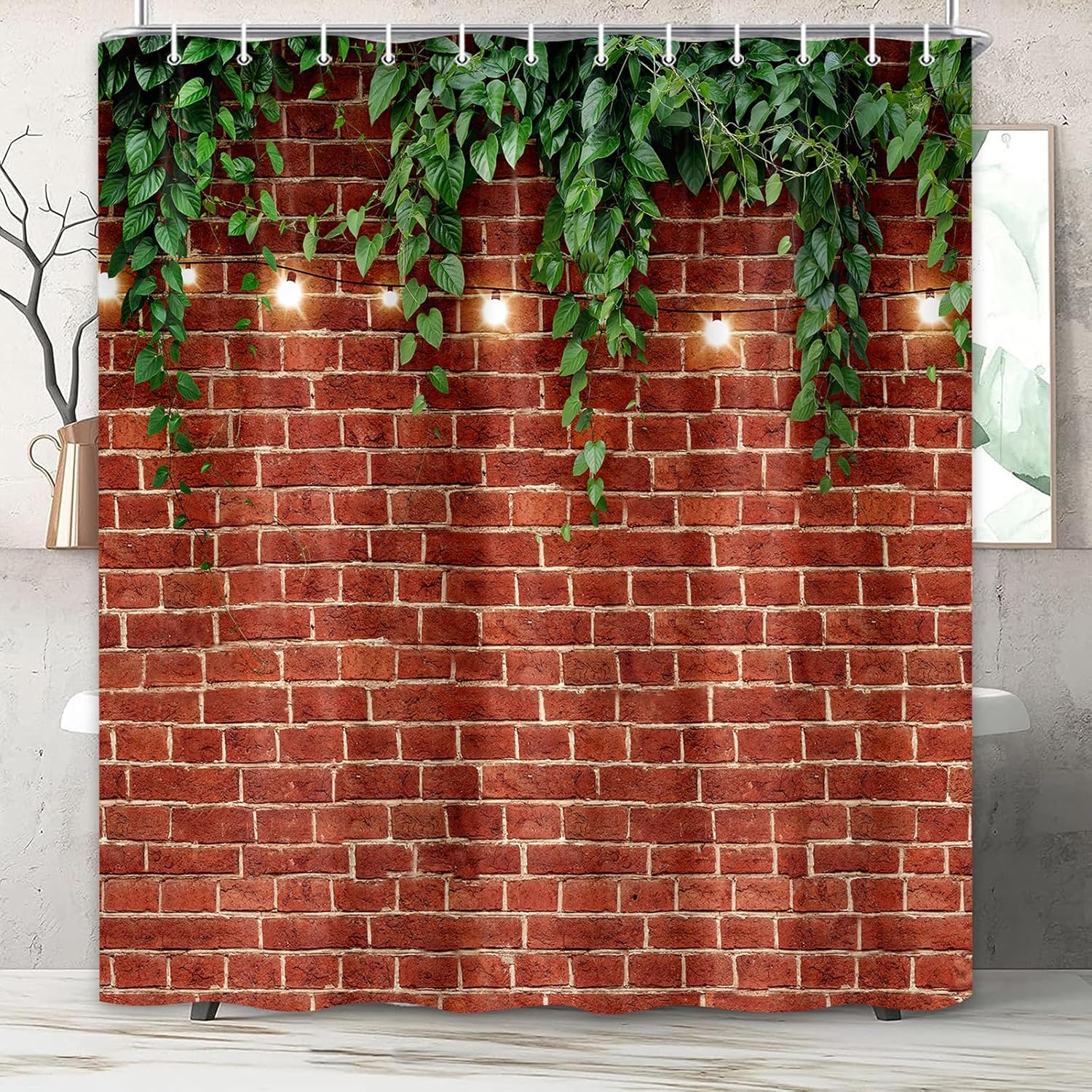 

Red Brick Wall with Vines and Lights Pattern Waterproof Shower Curtain 180x200cm Rustic Farmhouse Style Bath Curtain Home Decor 90x180cm35x71in