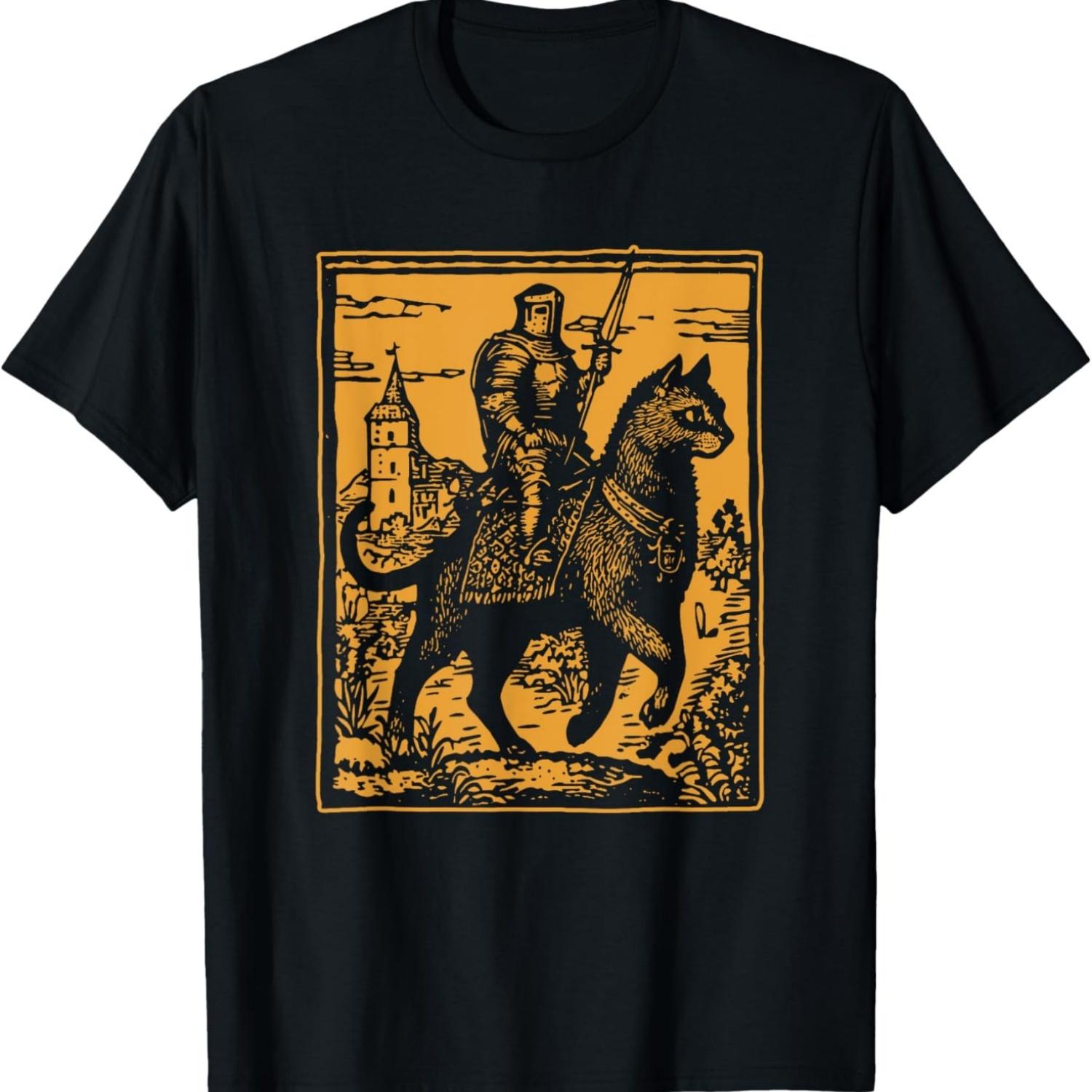 Knight Cat Rider Vintage Medieval Funny Cat Meme T-Shirt for Men Women S чёрный