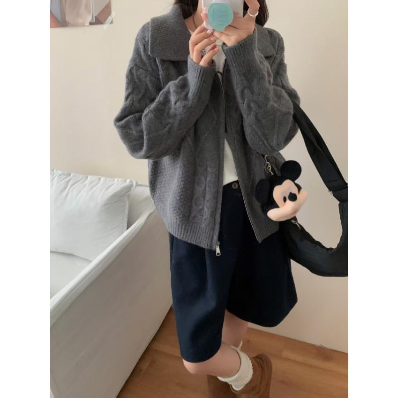 Vintage knitted cardigan women's clothing autumn and winter new loose lazy wind twist lapel zipper sweater jacket women