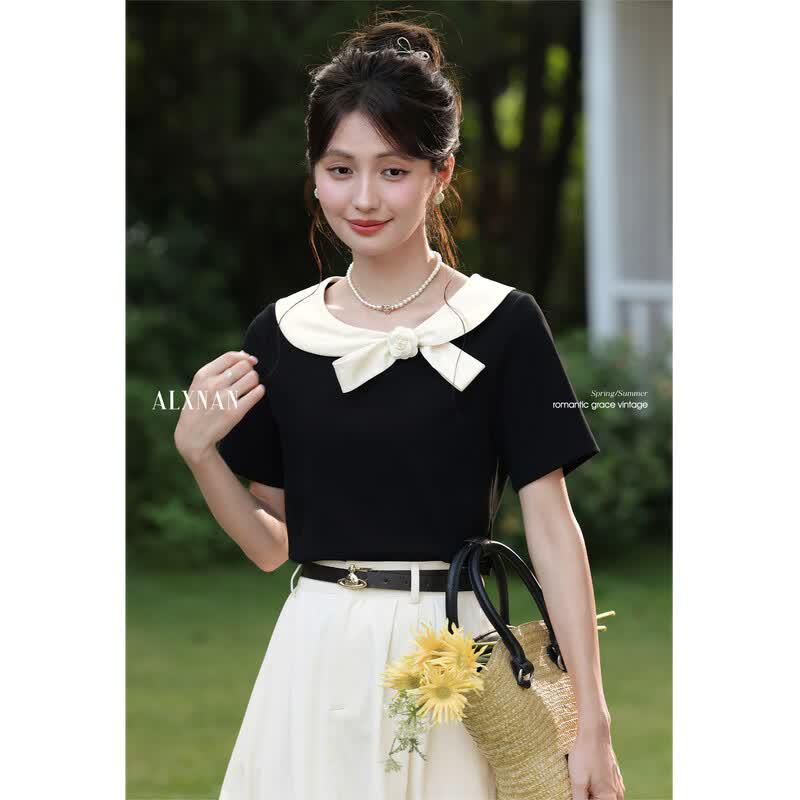 Luxiangnan Women s French Style Color Block Short Sleeve T-Shirt L