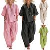 Damen 2-teiliges Outfit: Lässiges Kurzarm-Top mit Knopfleiste und V-Ausschnitt sowie lange Hose mit Taschen, Loungewear-Set für den Sommer, locker geschnitten