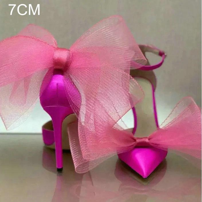 Fashion New One-Line Buckle Sandals Women'S Thin Heels With Bow Dinner Shoes Bun Head High Heels Pointed Shallow Mouth Single Shoes