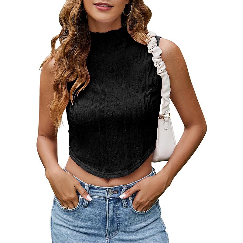 Damen Sommer Ärmelloses Stehkragen Einfarbig Unregelmäßige Bauchfreie Weste Top