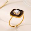 Vintage Pearl & Enamel Rings For Women Gold Plated Stainless Steel Geometric Ring Hypoallergenic Wedding Christmas Jewelry Gift