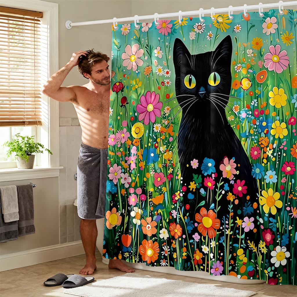 1pc Cute Cartoon Black Cat Printed Waterproof Shower Curtain Partition Privacy Hanging Curtain, 12 Hooks, Multiple Sizes