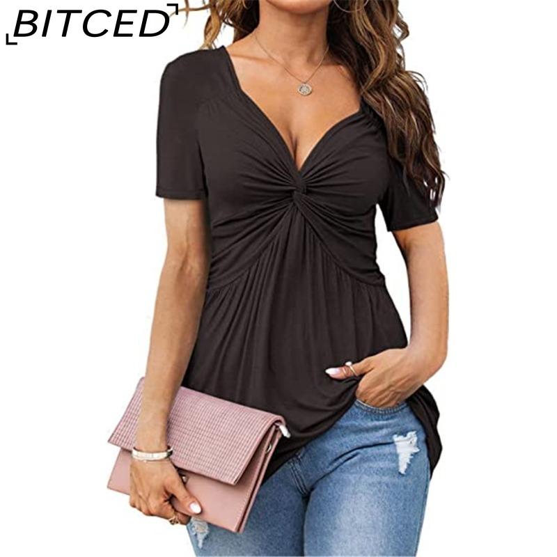 BITCED Women's V-Neck Front-Twist Short-Sleeved Elegant Casual T-Shirt Solid-Colour Pullover Top