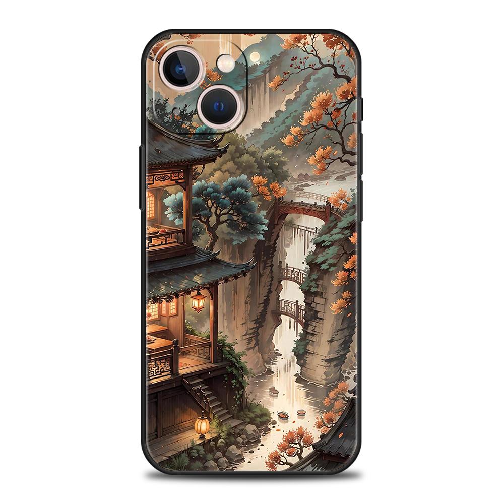 Soft TPU Phone Case for iPhone 16/15/14/13/12/Pro/Max/16E/11/Pro/7/8/Plus/XS/Max Shockproof Chinese Style Landscape Painting Bag