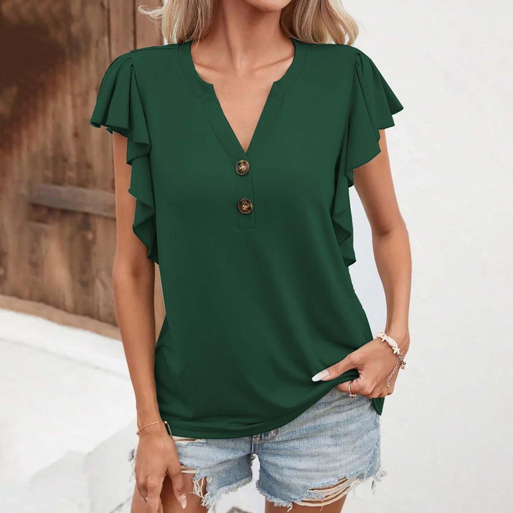 Women's Summer Short Sleeves Button V Neck Loose Casual Solid Color Casual Comfy Tops
