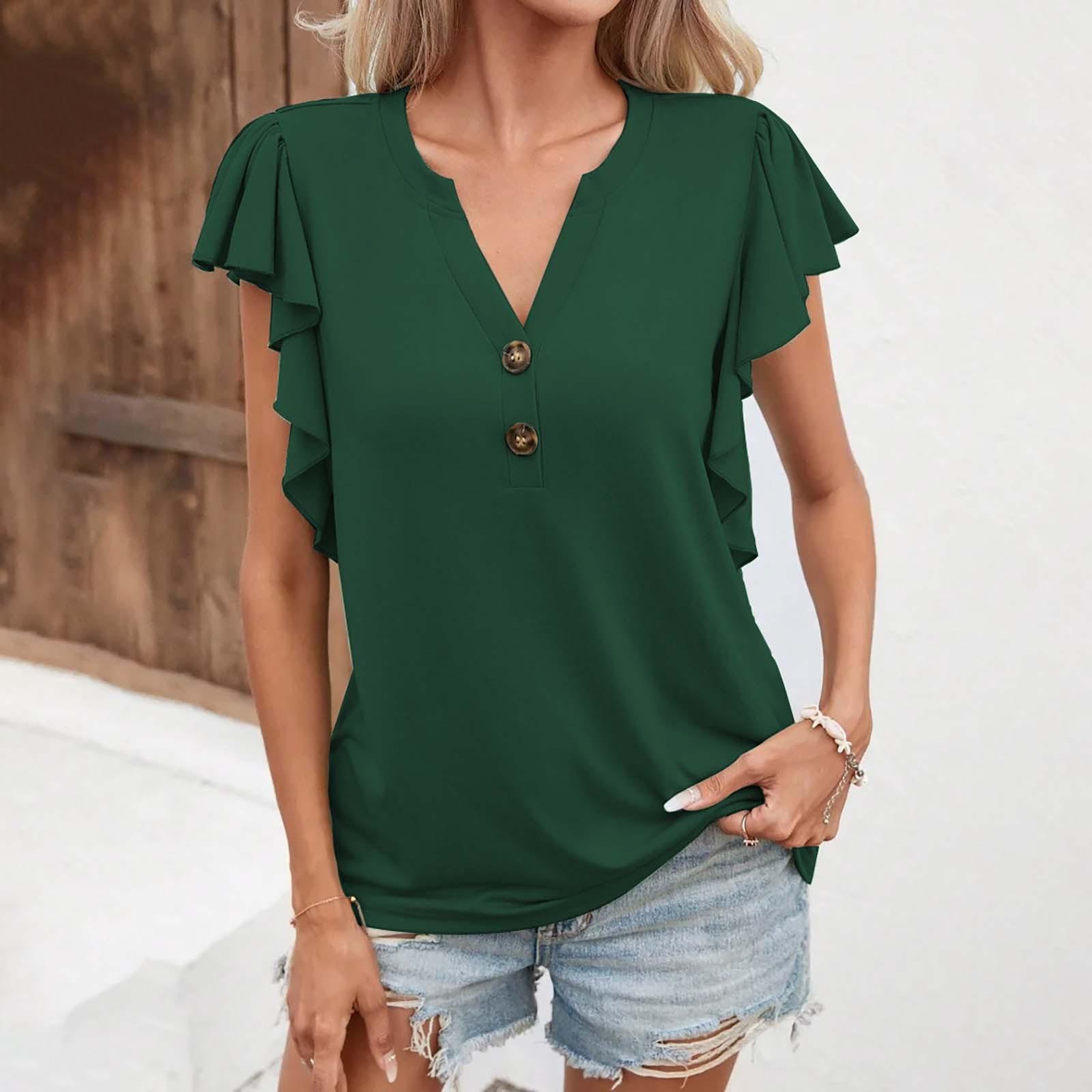 

Women s Summer Short Sleeves Button V Neck Loose Casual Solid Color Casual Comfy Tops S