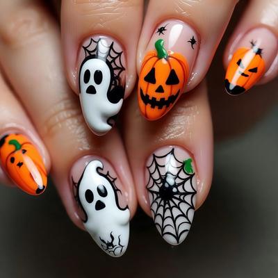 Dark Thriller Halloween Fake Nails: Sweet, Cool Childlike Designs with Ghost, Pumpkin, Lantern, and Spider Web Art Stickers