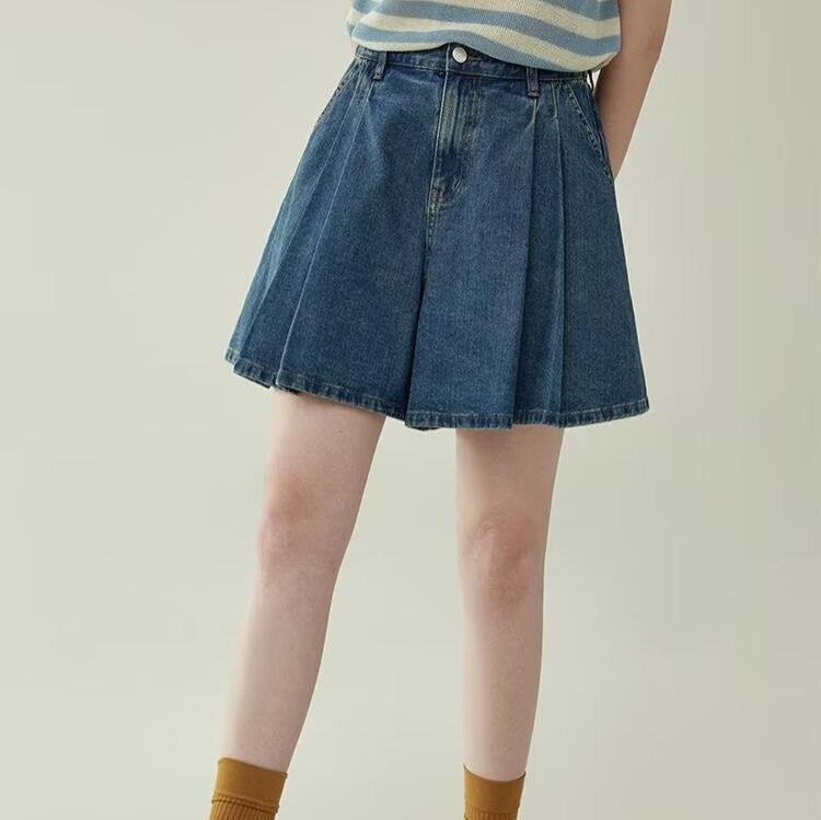 Summer Retro High-waisted Pleated Denim Skirt Pants Women s Blue A-word Wide-leg Pants Elastic Waist Vibe Everyday & Summer Denim Skort S синий