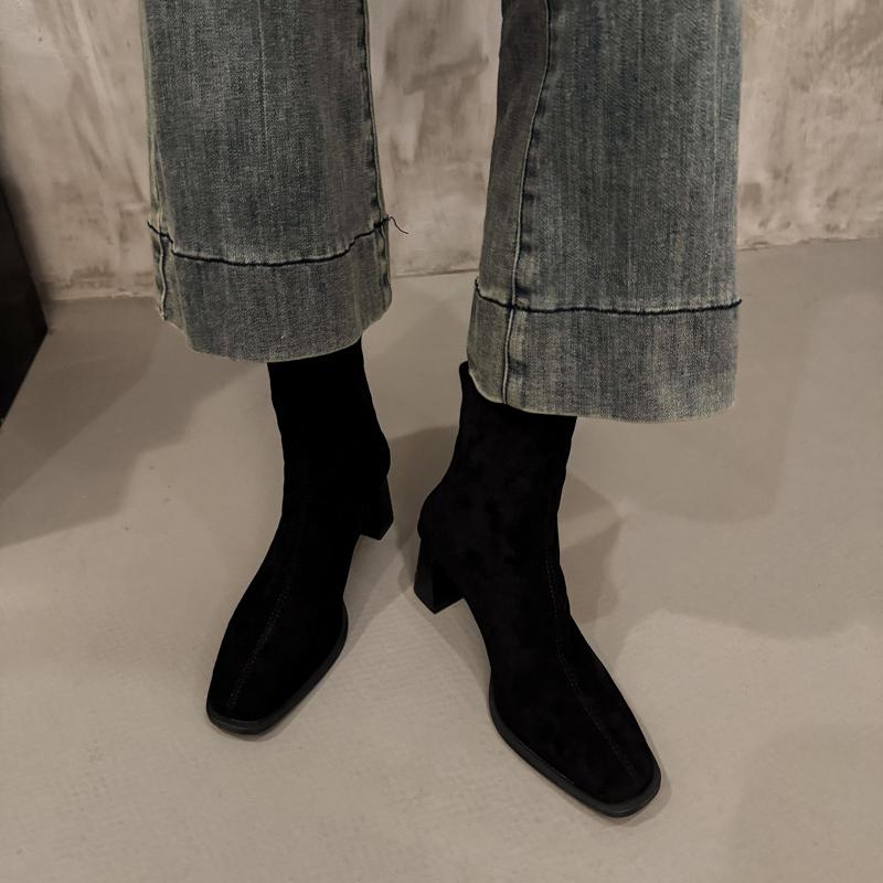 Fashion Autumn Winter Square Toe Slim Women Ankle Boots Street Style Party Short Plush Shoes High Heel Short Botas Mujer
