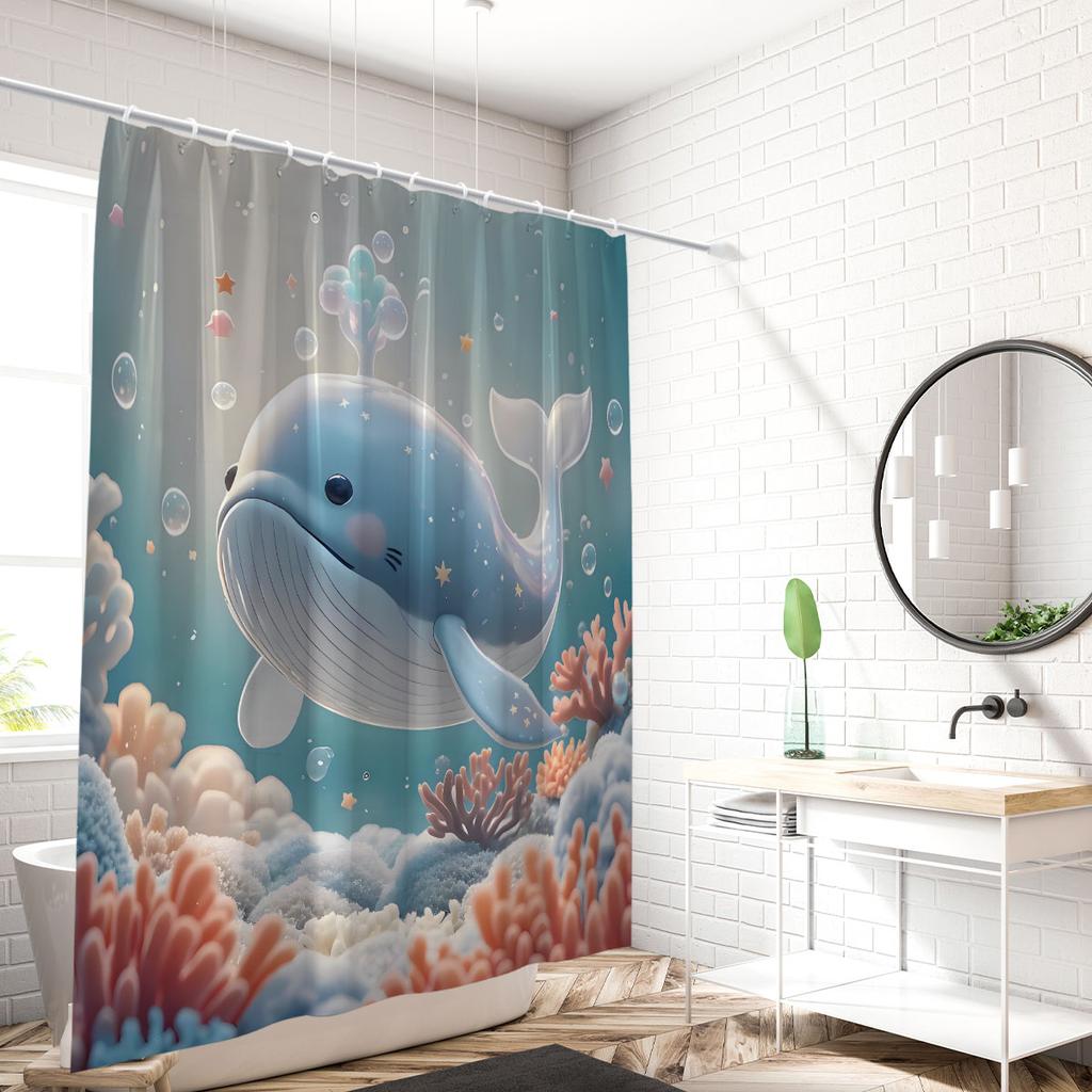 1pc Blue Dolphin Print Waterproof Shower Partition Curtain Multi Size Privacy Protection with 12 Hooks for Easy Installation