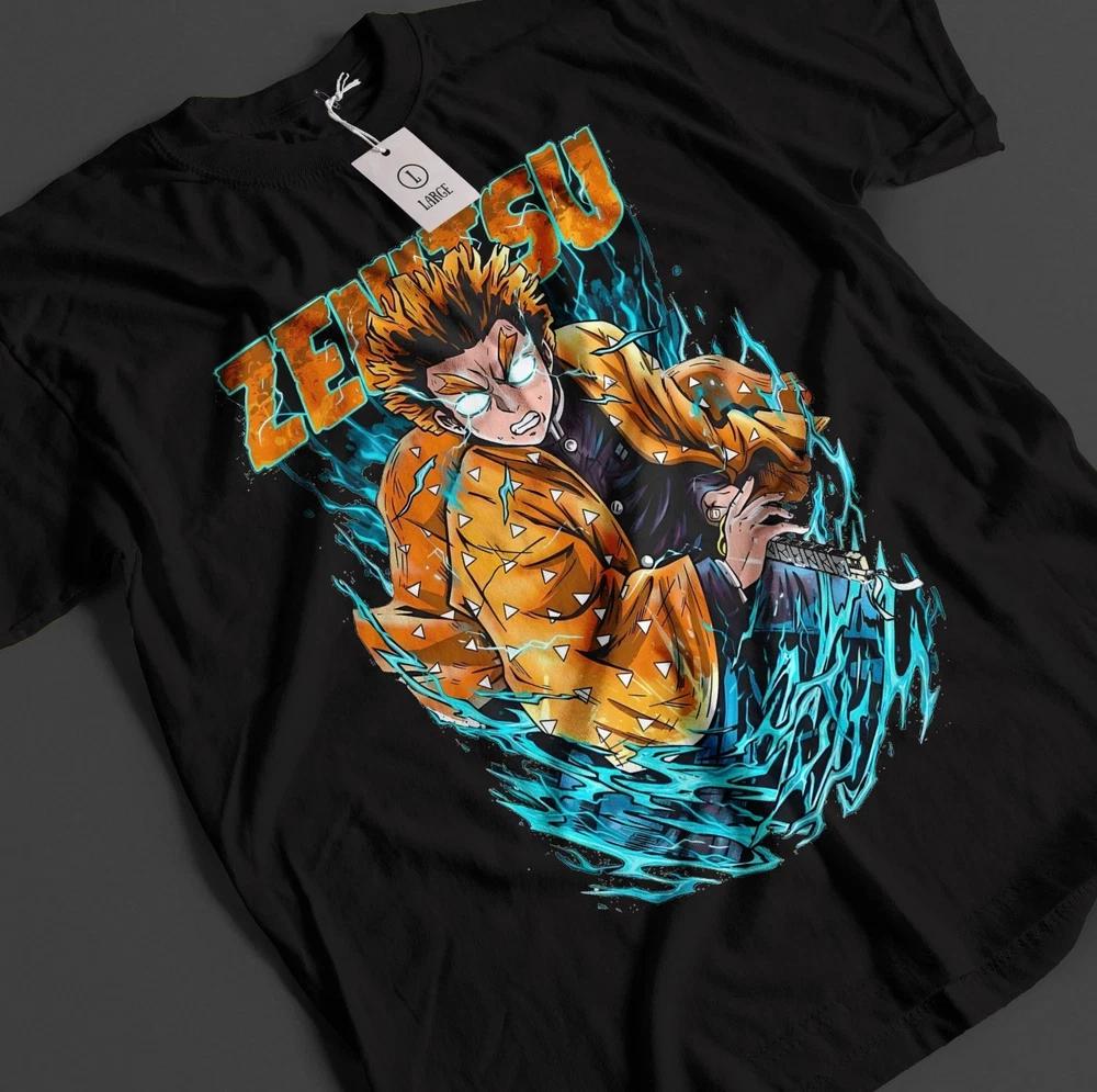Anime Demon Slayer Zenitsu Blue Thunder Graphic Black Tshirt Size S4XL S