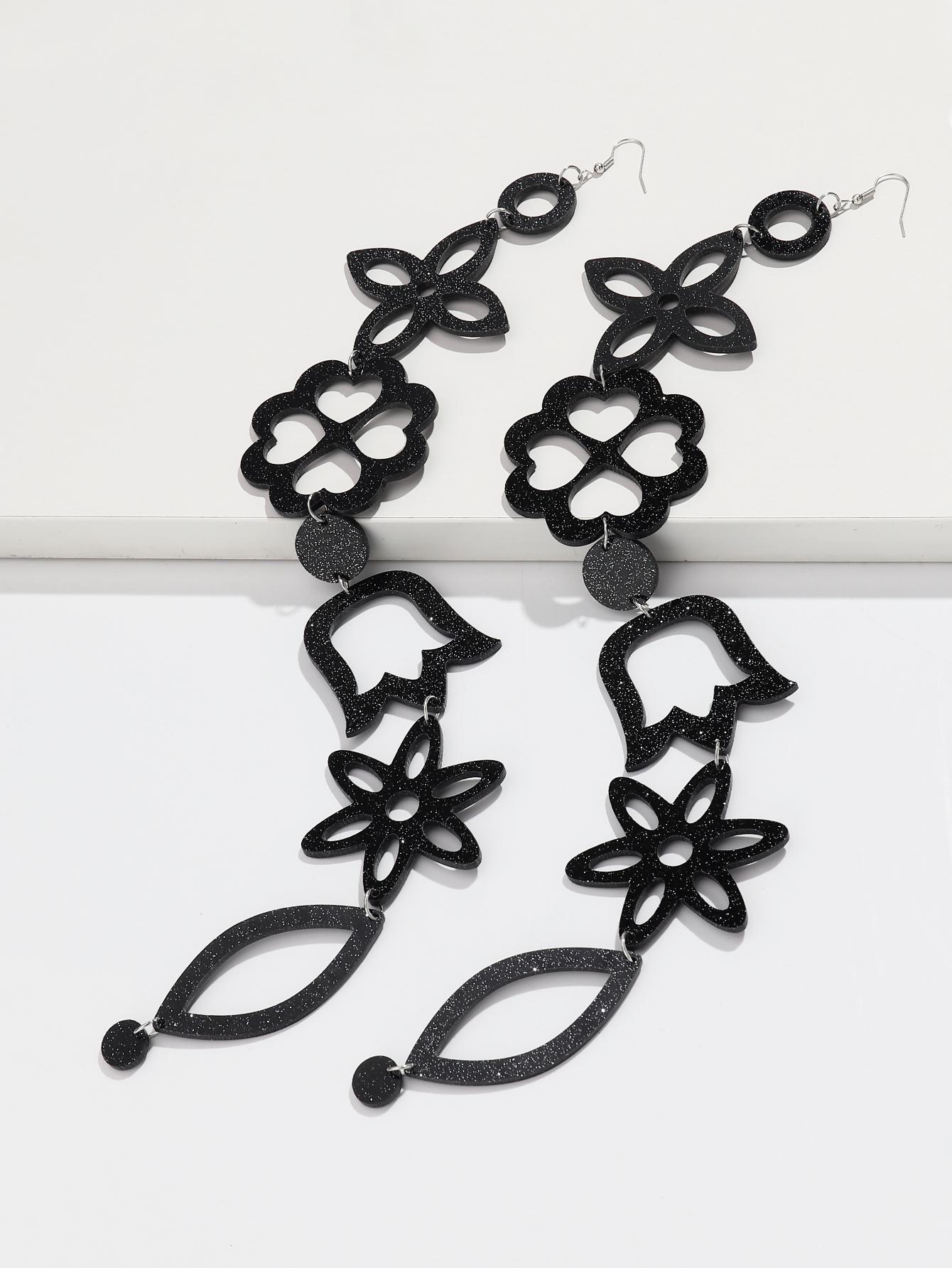 Exaggerated Geometric Acrylic Extra Long Drop Earrings Creative Flower Waterdrop Bell Hollow Pendant Earring Women s Jewelry Gif чёрный