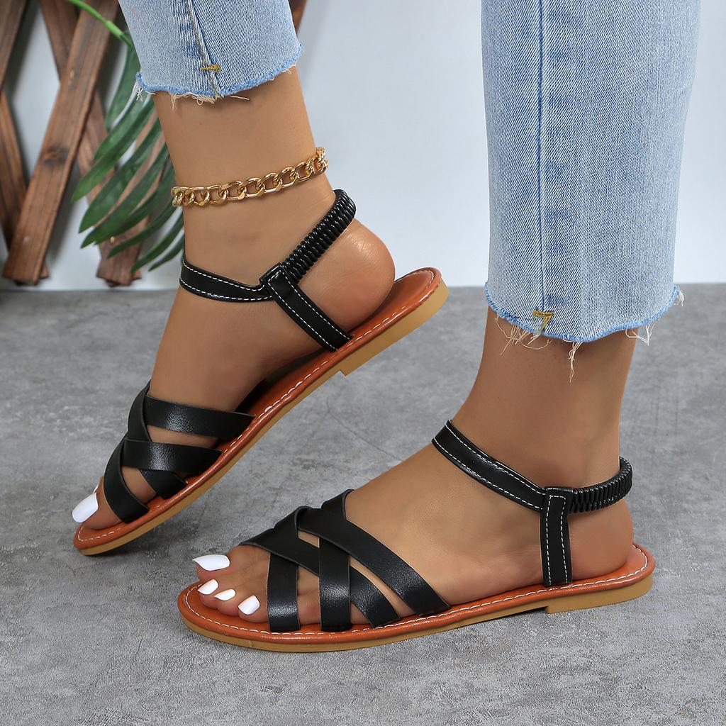 2025 Foreign Trade European and American Models Large Size Flat Bottom One Word Cross Elastic Band Casual Large Size Beach Sandals Sandals