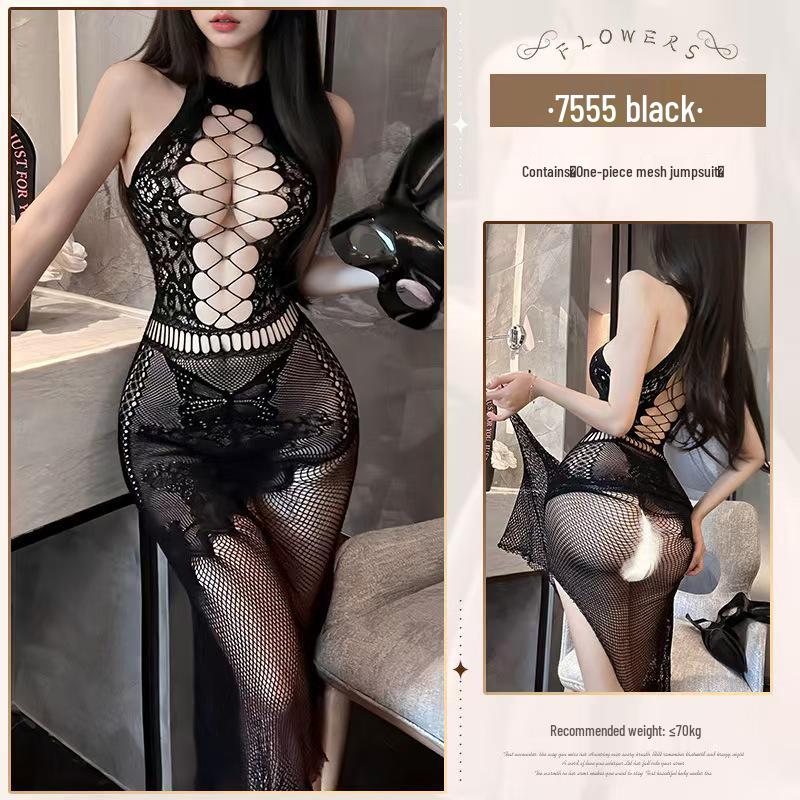 Colorful Gradient Mesh Suspender Skirt with Open Crotch and Hollow Design