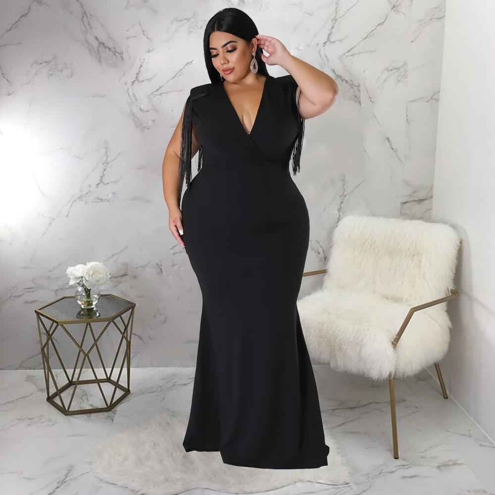 Plus Size Fringe V Neck Maxi Dress Long Sleeve Mermaid Gown Curvy Bodycon Fishtail Long Dress Sexy Tassel Shoulder Evening Party Formal Wedding Gown