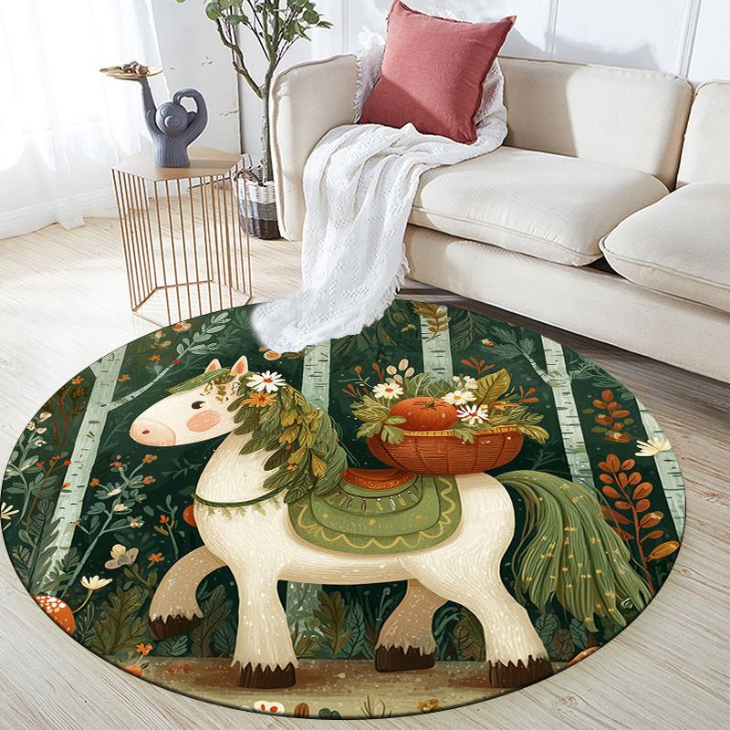 Forest Flower Basket Animals,Round Area Rug,Carpet Rug for Living Room Bedroom Sofa Playroom Decor,Non-slip Floor Mat
