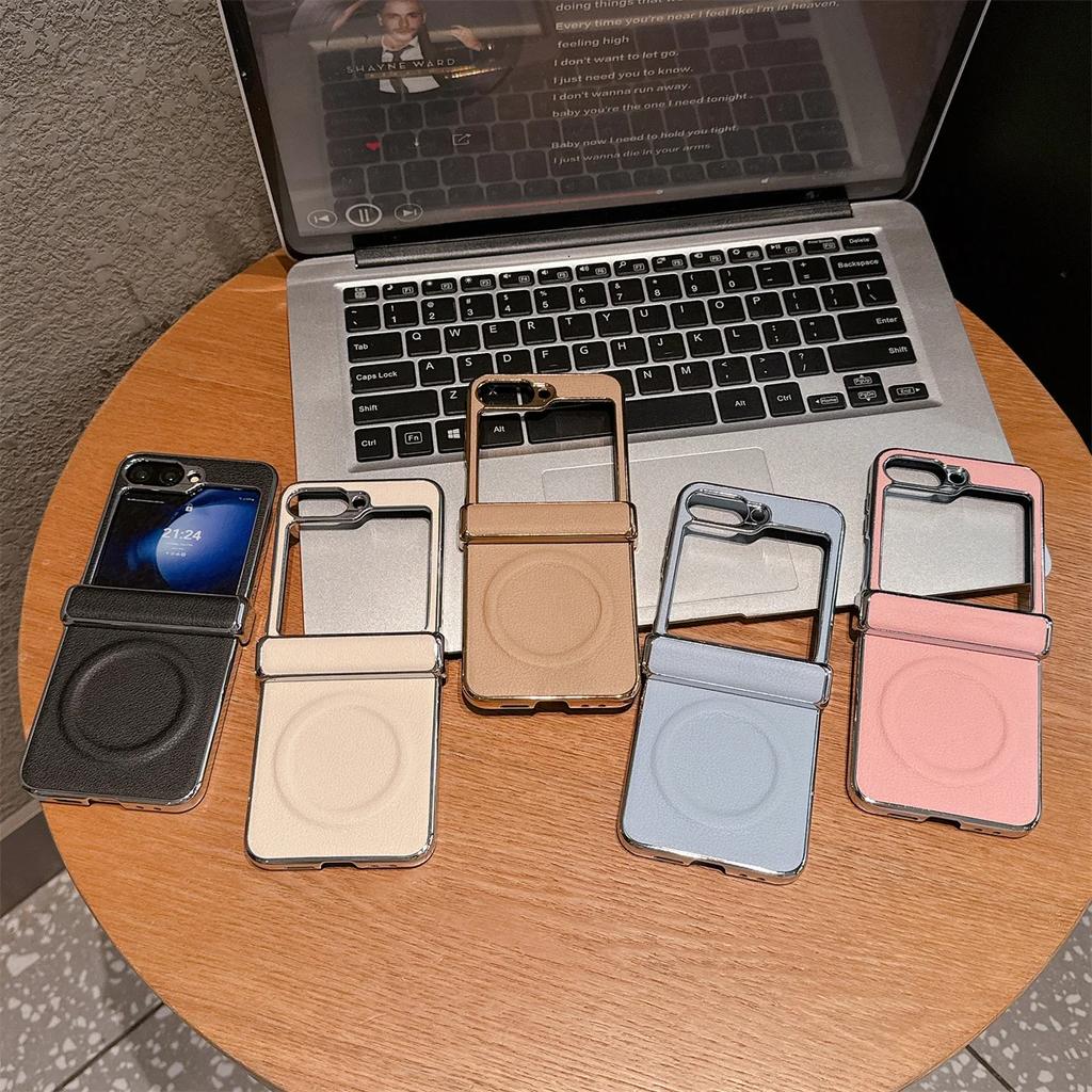 Magnetische Ledertasche für Samsung Galaxy Z Flip 7 FE 6 5 4 3 mit vergoldeter Scharnierabdeckung, kabelloses Laden