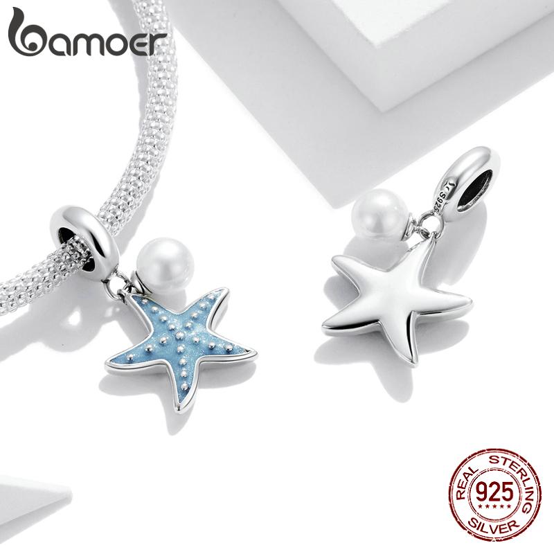 Bamoer 925 Sterling Silver Blue Starfish Hanging Beads Charm Fit Original 3MM Bracelet or Necklace DIY Jewelry