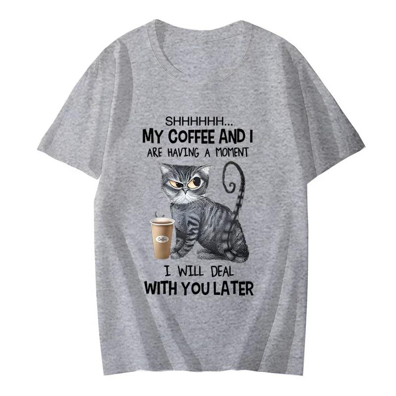 Coffee Cat Print Women Clothes Angry Cat Lover Female Tops Tee Tshirt Fashion Anime Cartoon Tees Ladies Graphic T-Shirt Y2k Tops