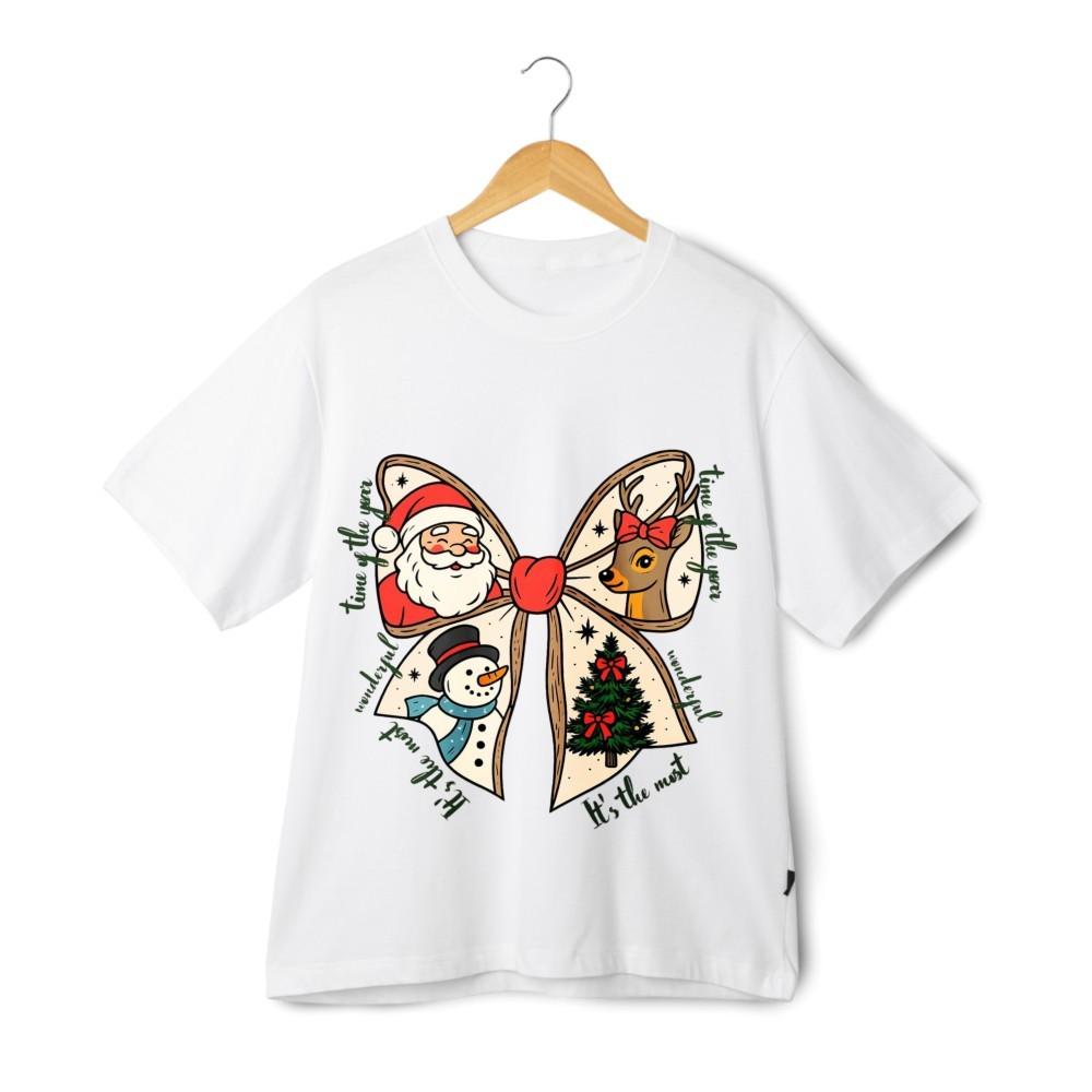 Christmas Bow Santa Reindeer Snowman Shirt Cute Holiday Graphic Tee Festive Top M