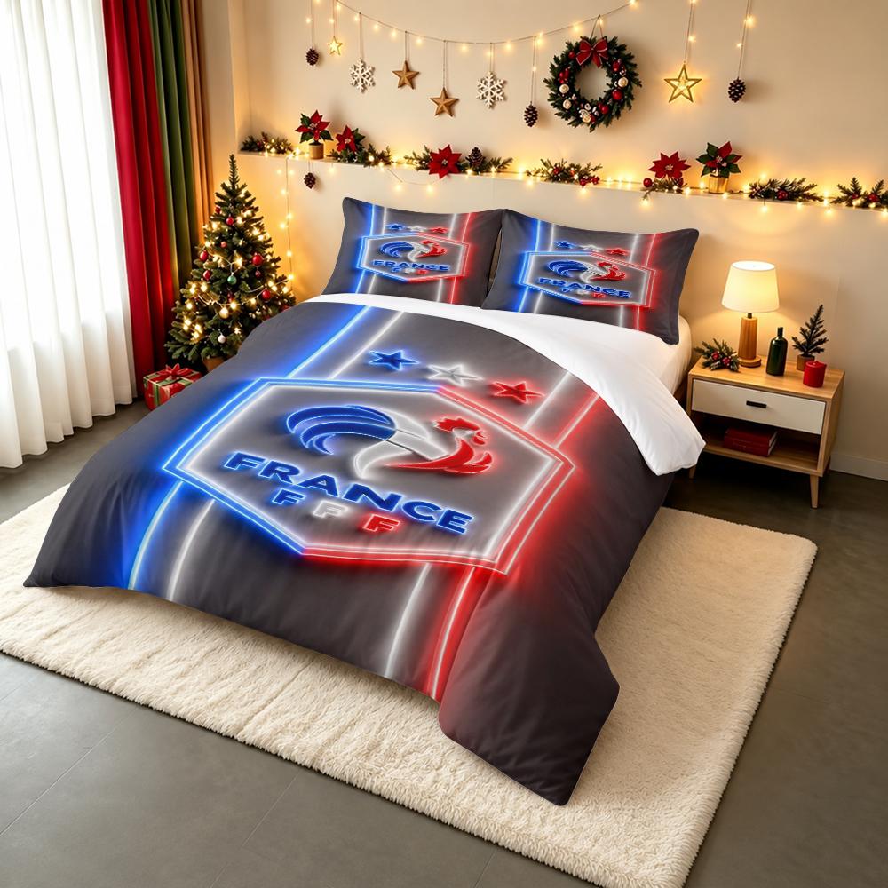 France FFF Neon Blue White Red Rooster Crest Bedding set (1 duvet cover, 2 pillowcases, duvet not included), Soccer Badge Art Print
