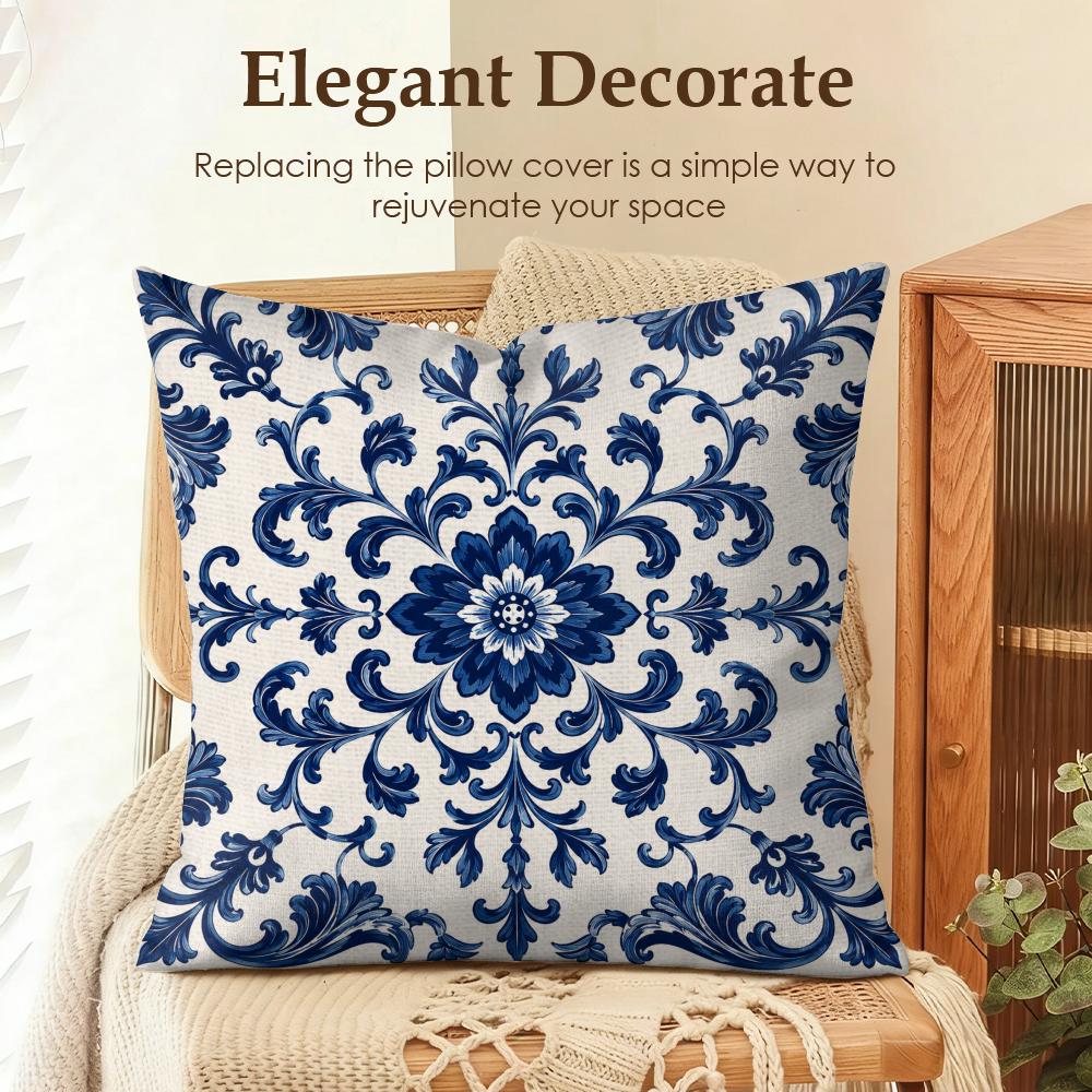 Blue Porcelain Motifs Cushion Cover Natural Linen Organic Fabric DoubleSided Printing Sofa Home Decor Gift Pillow Cover