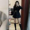 Women's Black Belted Blazer Dress - Autumn French Style, Waist-Slimming, Long Sleeve Suit