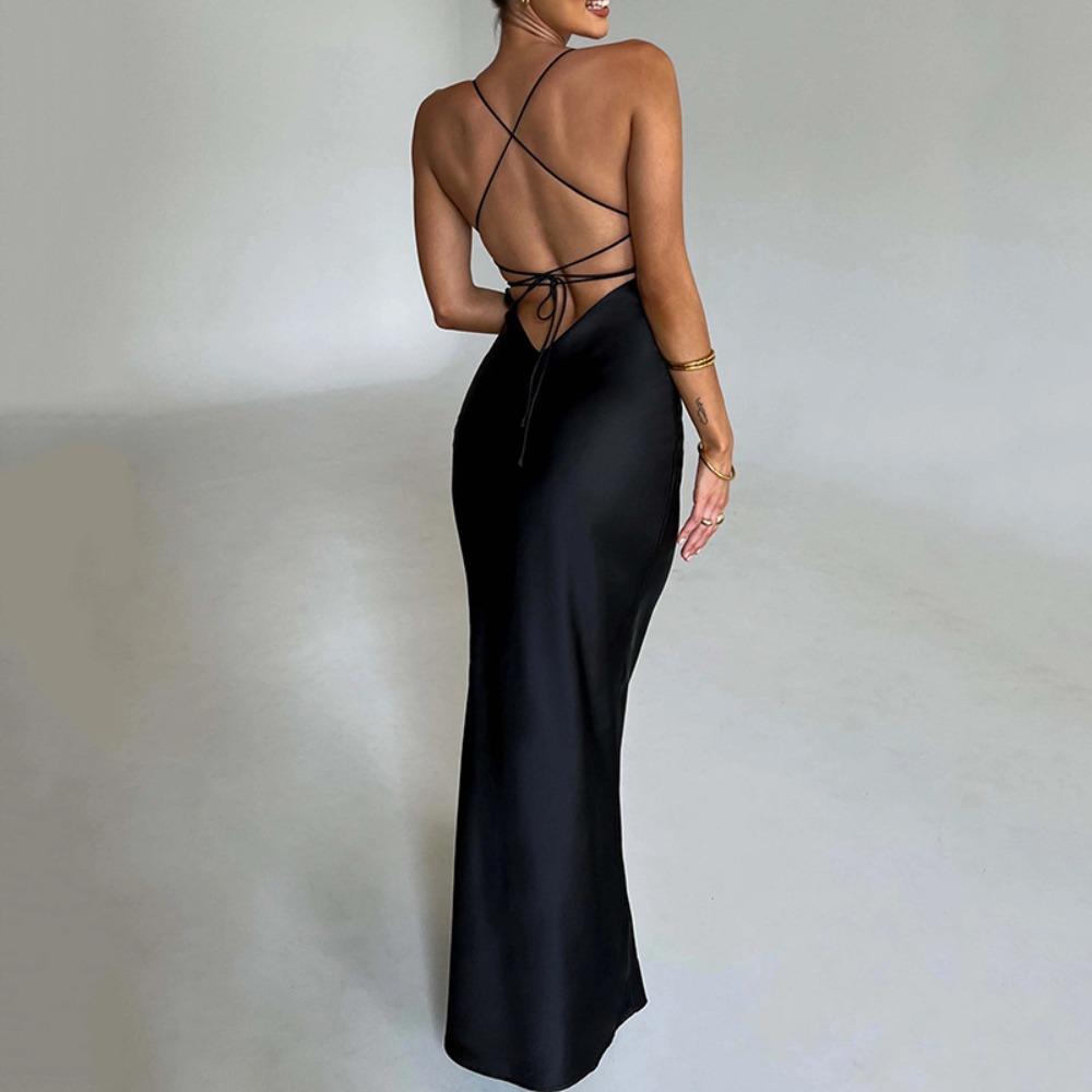 Women's V Neck Sleeveless Maxi Dress Slim Fit High Waist Mermaid Dress Satin Spaghetti Strap Criss Cross Back Tie Backless Wedding Party Long Dress