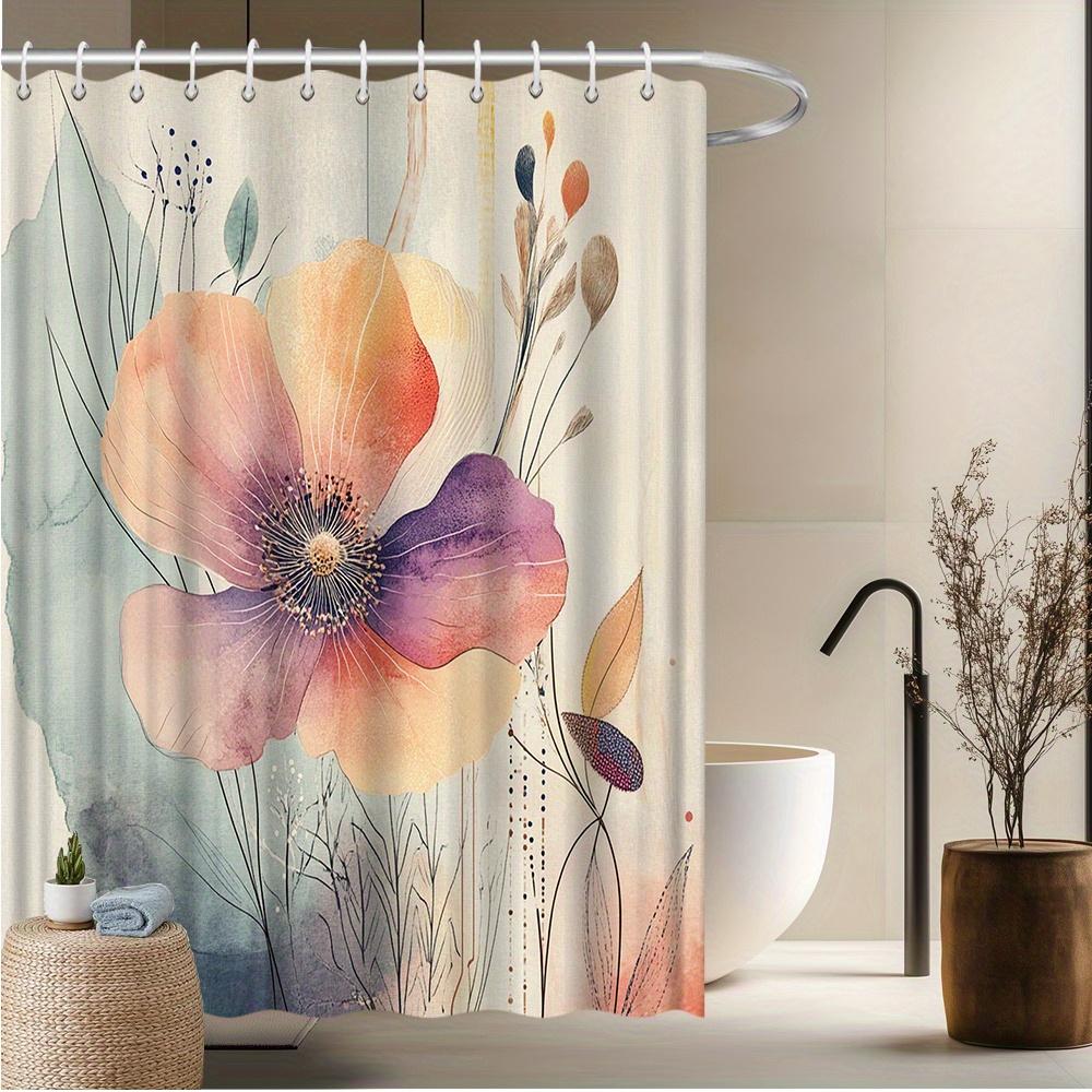 Watercolor Poppy Shower Curtain, Vibrant Orange & Purple Flowers, Abstract Leaves, Fade-Resistant Polyester,  Machine Washable W90xH180cm