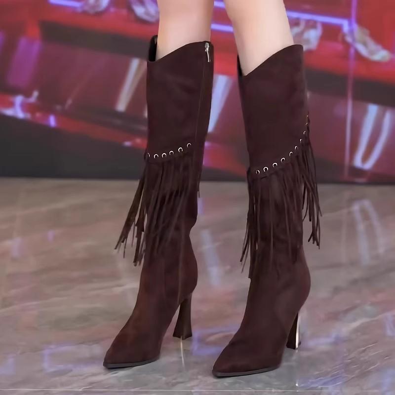 

Осень и зима новые женские ботинки универсальные ветрозащитные ботинки рыцаря с бахромой острый носок тонкий каблук ботинки на высоком каблуке женские 43 темно-коричневого
