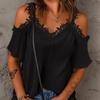 Elegant V-neck Sexy Lace Womens T Shirts Summer White Short Sleeve Tees Off Shoulder T Shirt 2023 Fashion Solid Lady Tops 26353