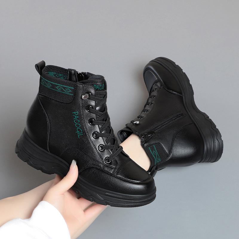 Spring Winter Women's High Top Boots Black Lace Up Platform Ankle Boots Fashion Thick Sole Short Warm Cotton Shoes