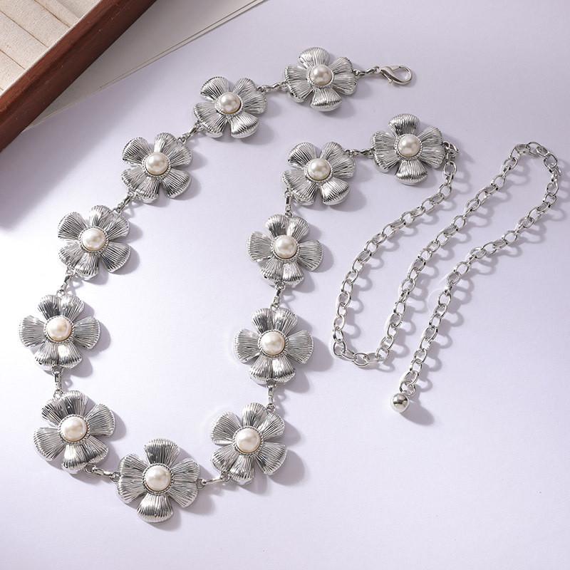 Floral Pearl Metal Waist Chain With Carved Flower Design For Women Spring Summer Fashion