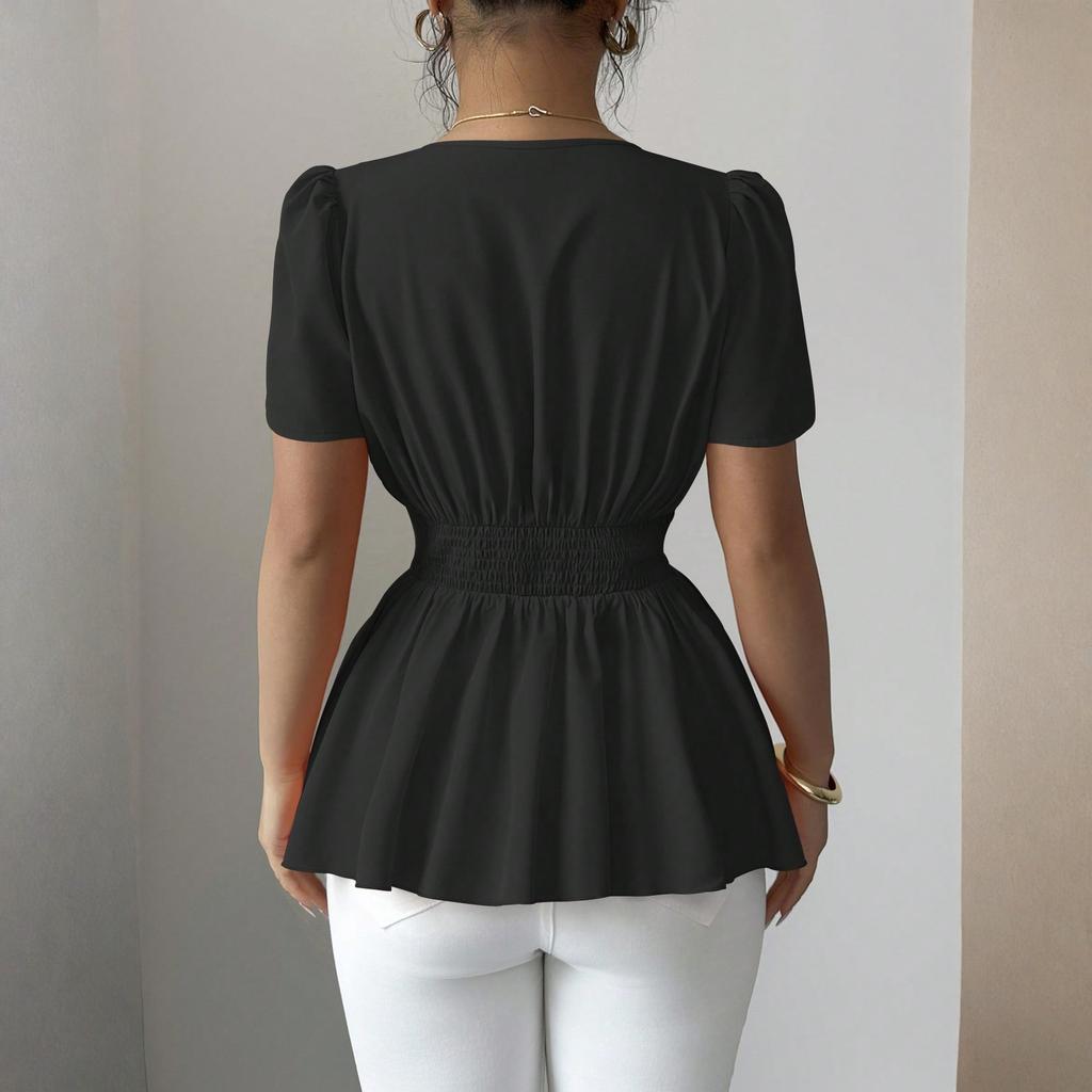 Top Pullover da Donna a Maniche Corte con Scollo a V e Cintura in Vita Vestibilità Larga Blusa Casual Orlo a Peplo Tessuto Morbido Comodo da Indossare