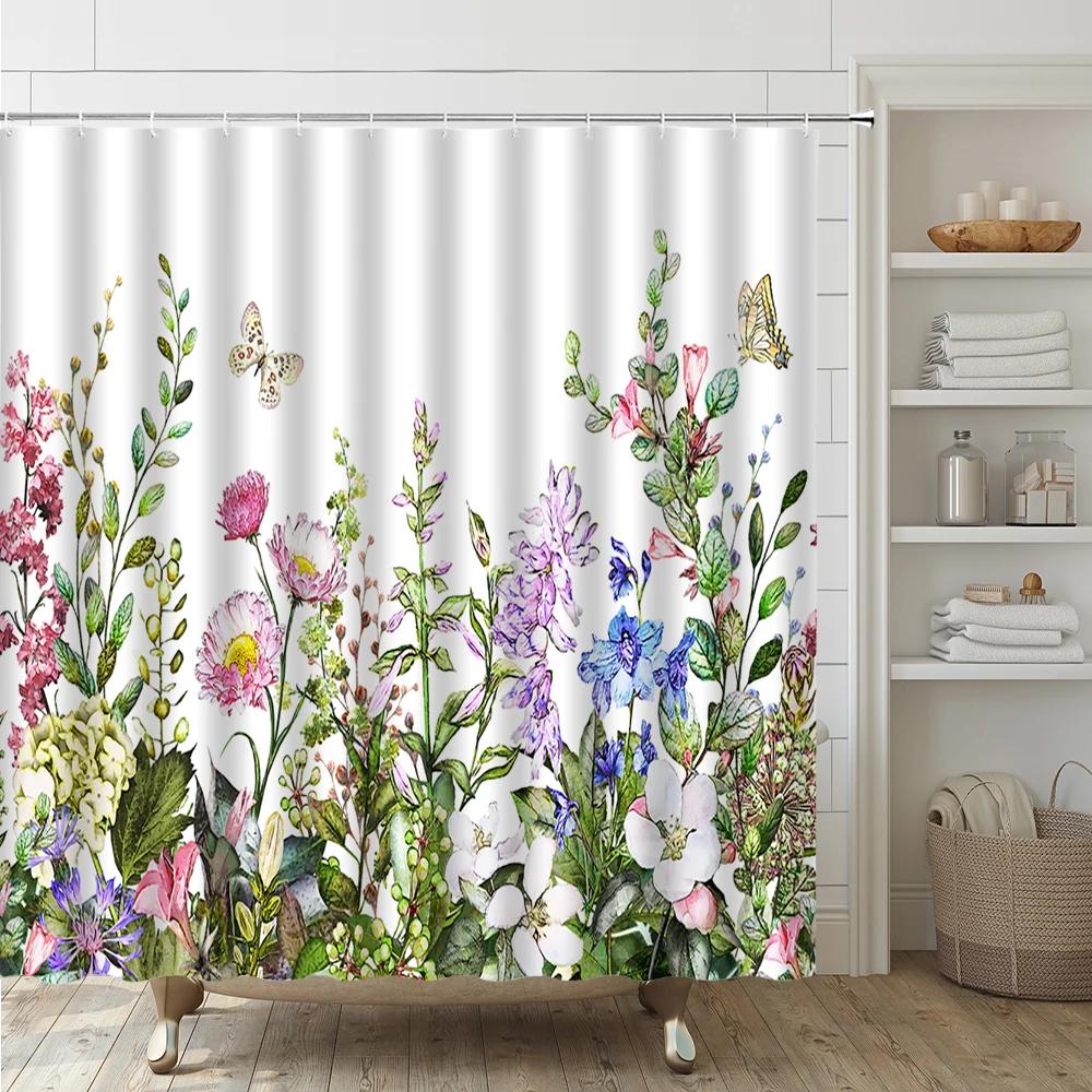 Colorful Plant Botanical Wildflower Flowers Shower Curtain Set Garden Floral Butterfly Bathroom Decor Rug Bath Mat Toilet Cover