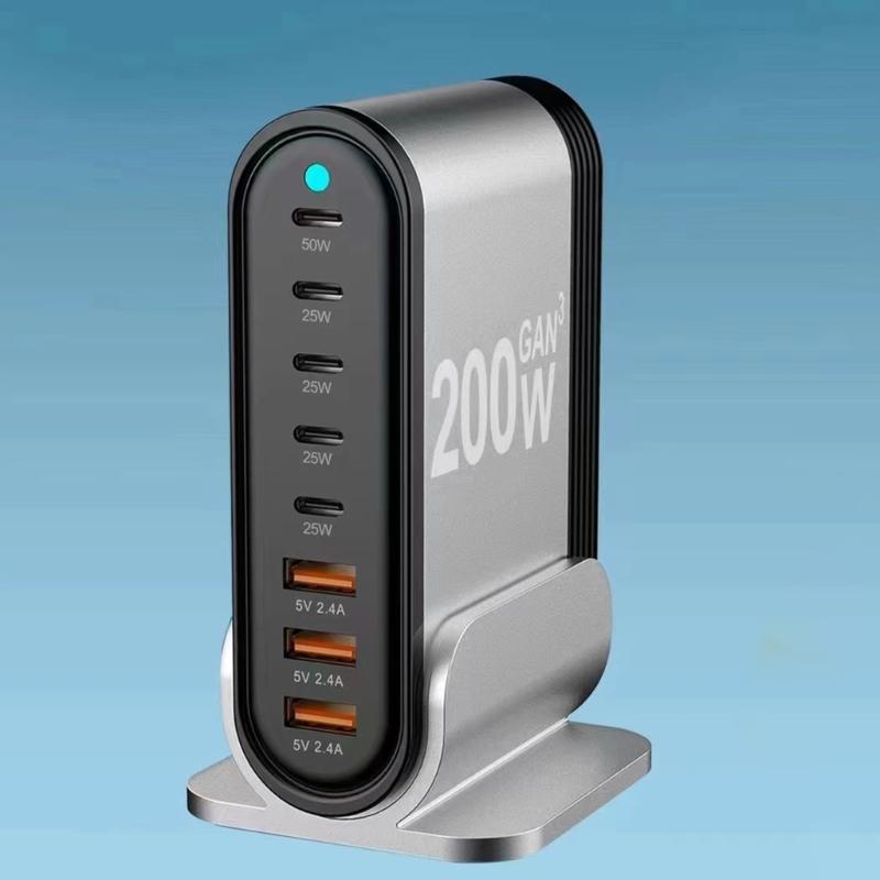 Aluminum Alloy Desktop Stand Charging Adapter 200W Charger with 3xUSB and 5xType C Interfaces for Multiple Devices