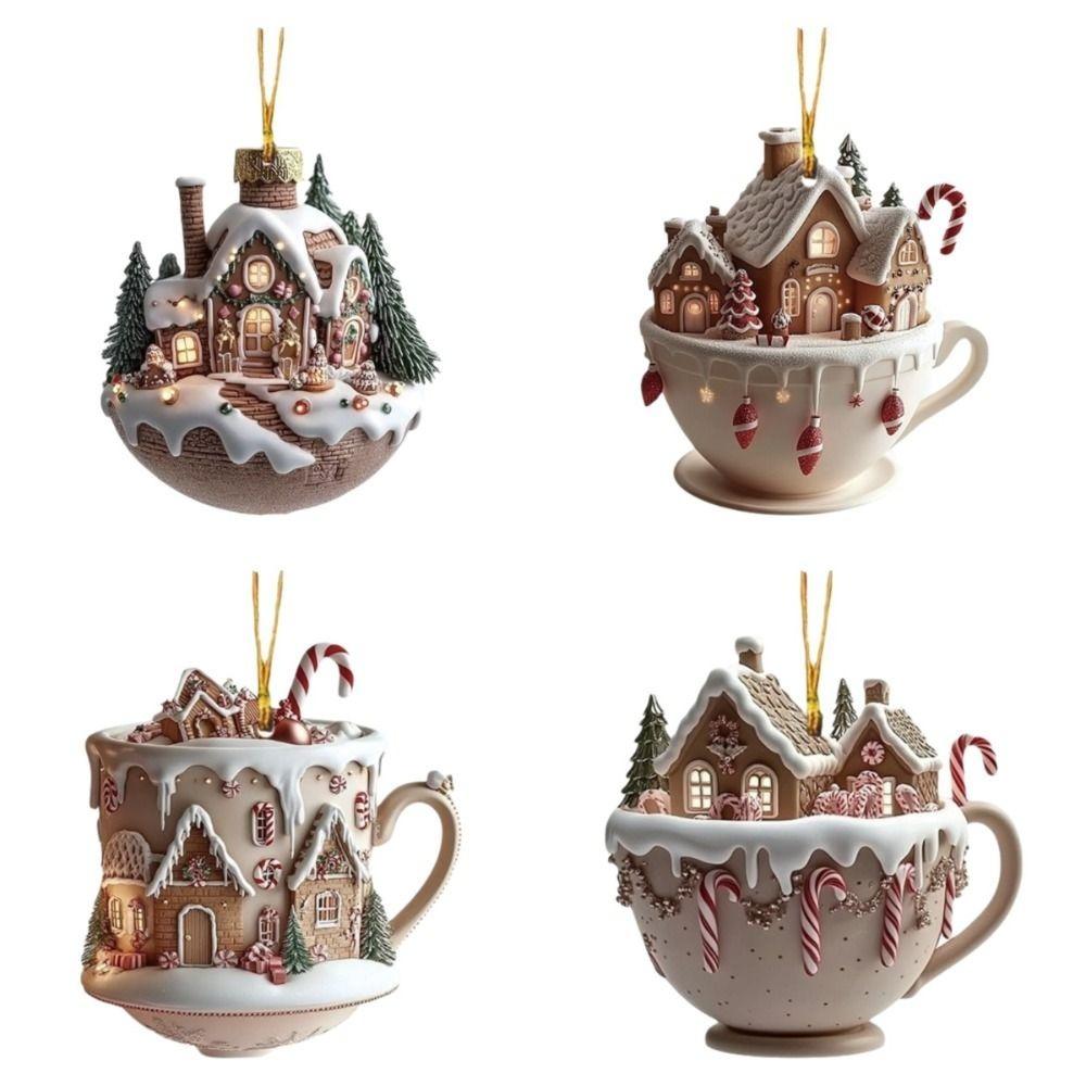 

Snow House Car Coffee Cup Pendant Acrylic Xmas Tree Hanging Ornament Navidad Decor 4pcs Set