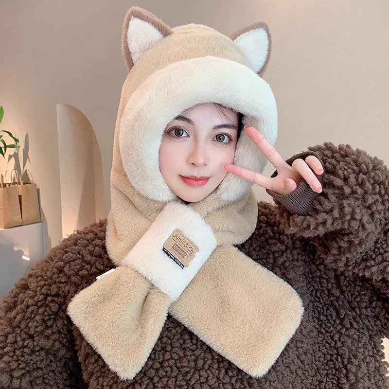 Women's Winter Plush Fox Hat & Scarf Combo - Warm, Trendy, and Versatile Hooded Design