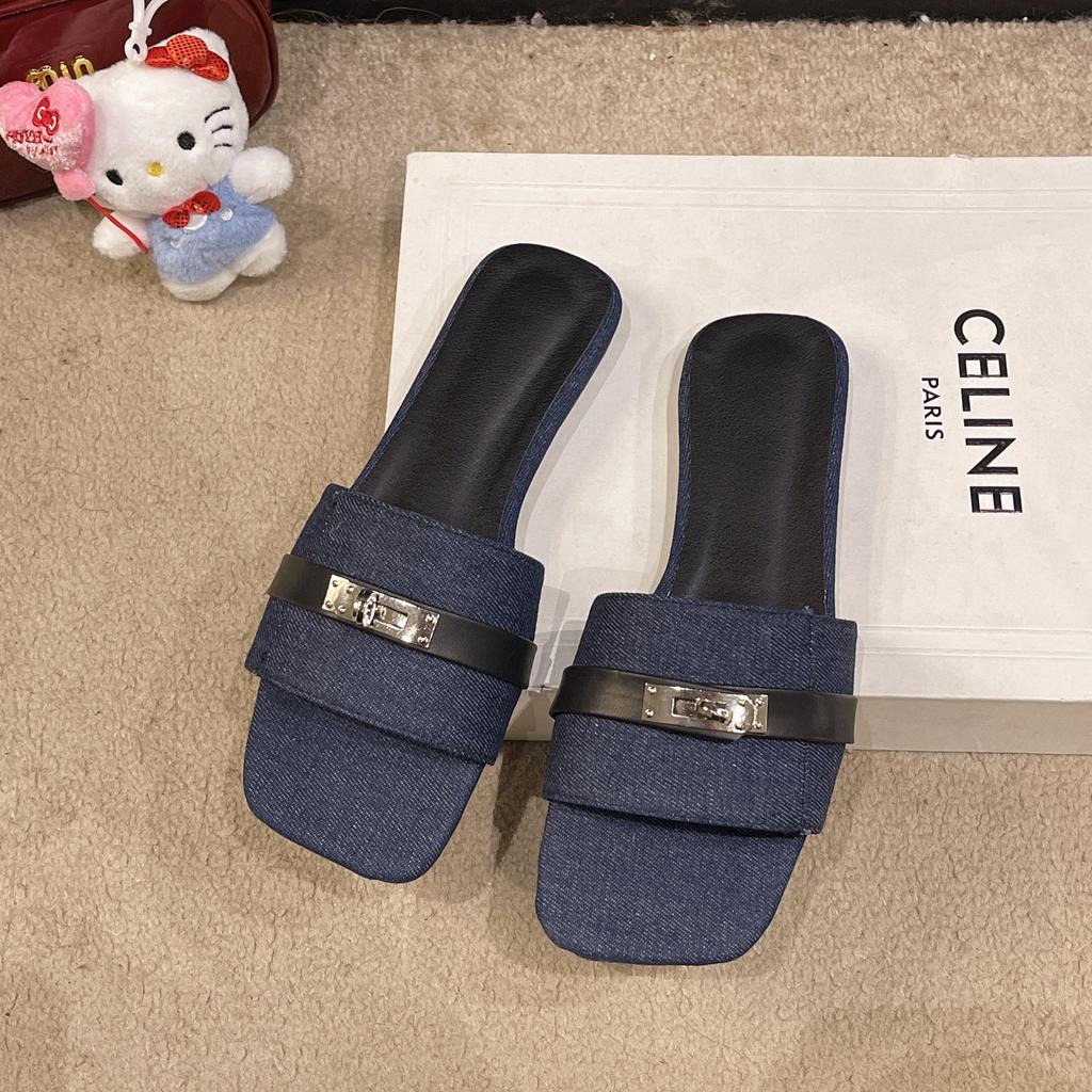 Fashion casual buckle one-word slippers summer and spring new French versatile denim square head flat bottom wear beach shoes